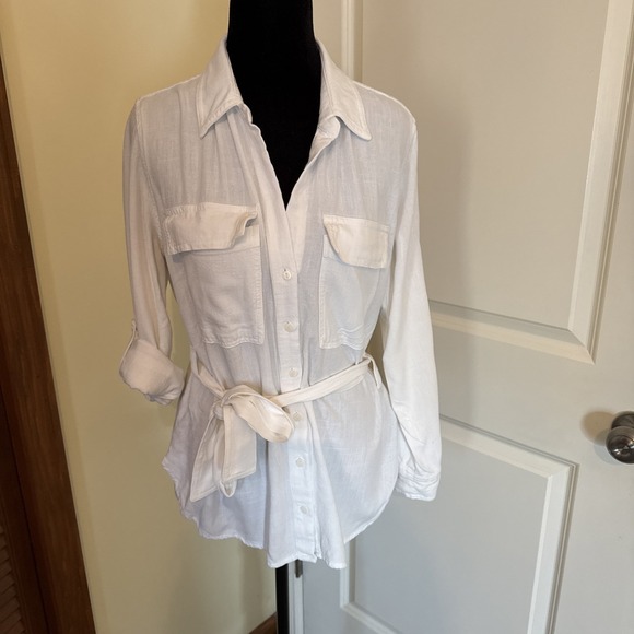 stradivarius Tops - Stradivarius White Linen Blend Roll Tab Sleeve Utility Belted Shirt Size Medium